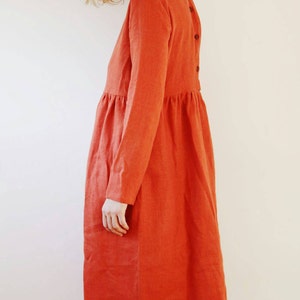 Linen Dress Burnt Orange Linen Dress Long Sleeved Dress Loose Fit Dress ...