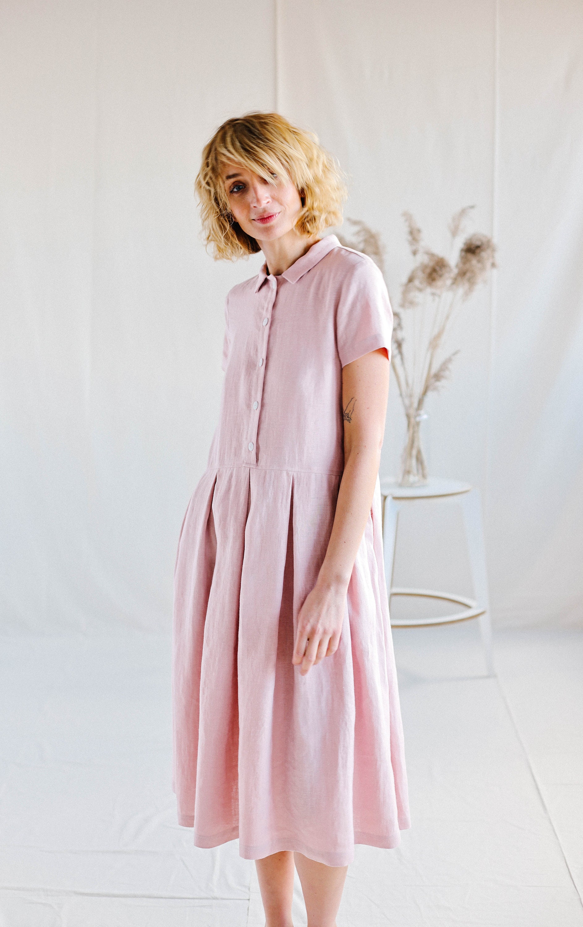 Linen Pleated Skirt Dress Pink Linen Dress Short Sleeved - Etsy UK