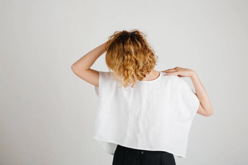 Linen Top - White Linen Oversize Fit Top - Cropped Hem Top - Handmade by OFFON