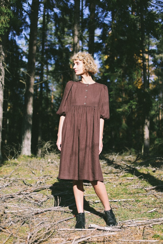 Empire Waist Puffy Sleeve Linen Dress / Handmade by OFFON Clothing
