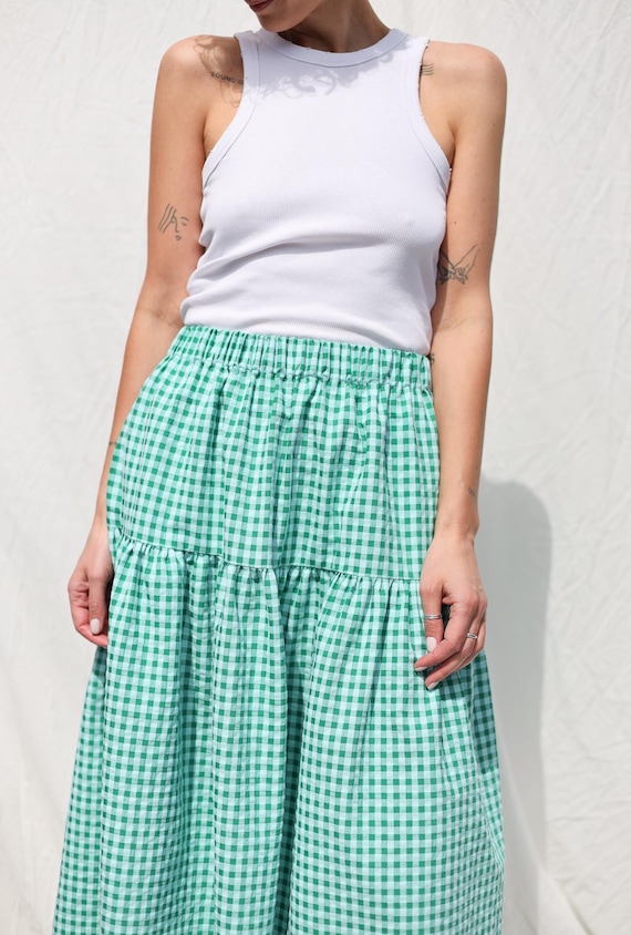 【BAON】Hebit Seersucker Check Frill Long Skirt Jungle Green Seersucker Checks Elasticated Waist Skirt