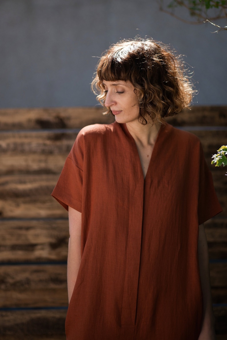 Linen jumpsuit with short sleeves in redwood/Handmade by OFFON CLOTHING shops