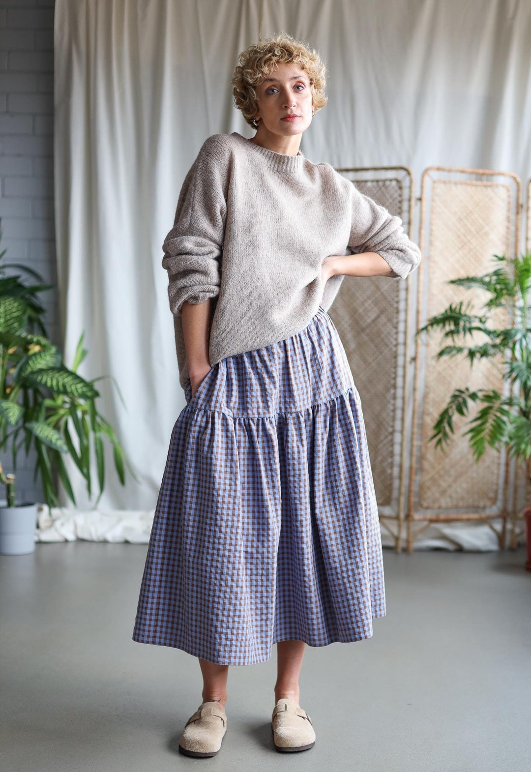 【BAON】Gentew seersucker check pocket banding long skirt Soft Chambray Blue Seersucker Check Long Skirt | GANNI US