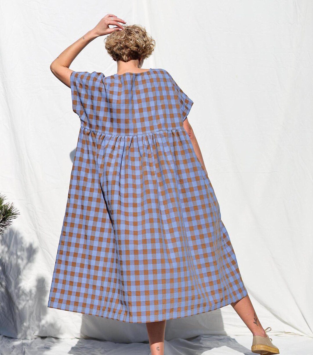 Drawer別注 Scye CHECKED DRESS Woven Square Neck Check Pleated Zipper Maxi Dress Curve