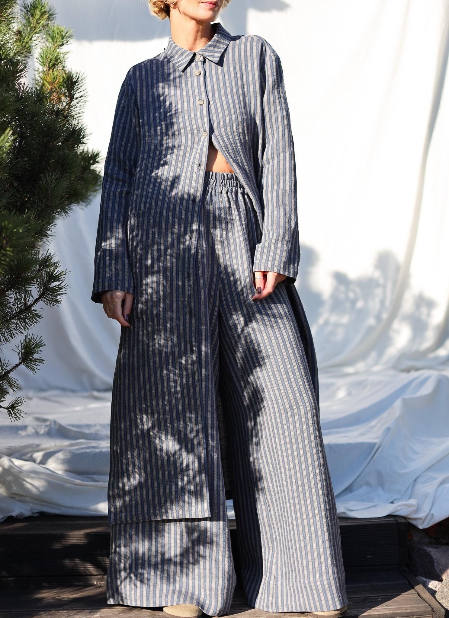 Palazzo elasticated waist pants in exclusive jacquard striped linen • OFFON CLOTHING