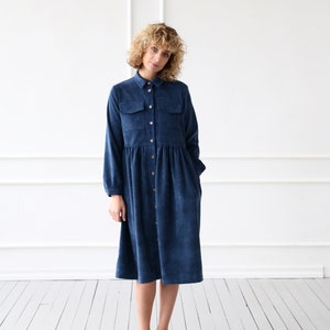 Needlecord A-line Shirt Dress in Navy Blue / OFFON CLOTHING - Etsy
