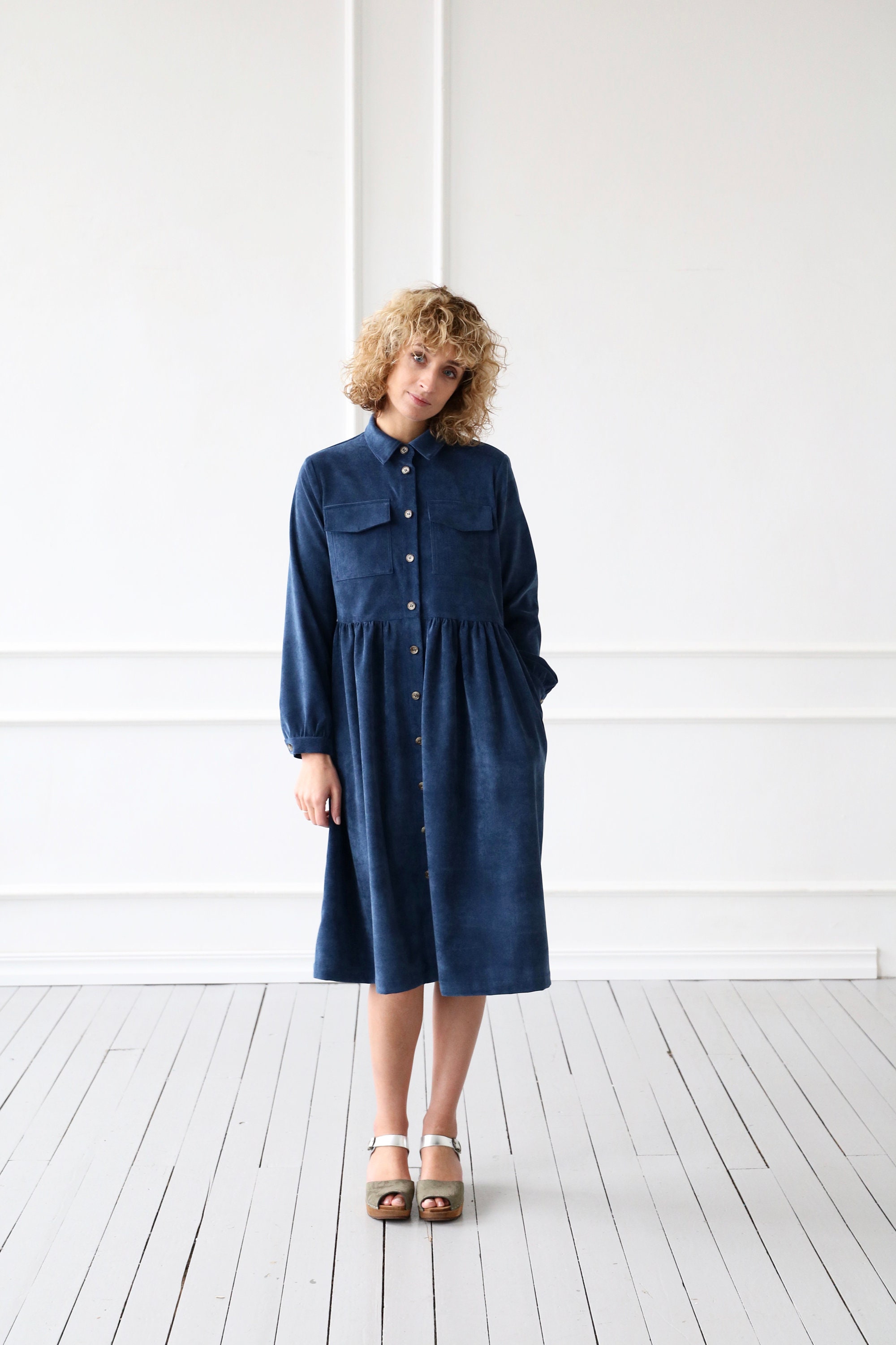 Needlecord A-line Shirt Dress in Navy Blue / OFFON CLOTHING | Etsy