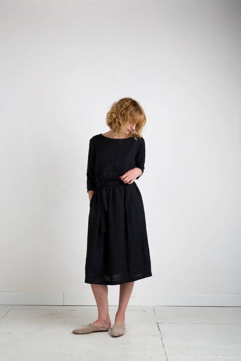 Black Linen Tie Belt Dress Linen Dress In Black Available in 44 colors Handmade by OFFON image 4
