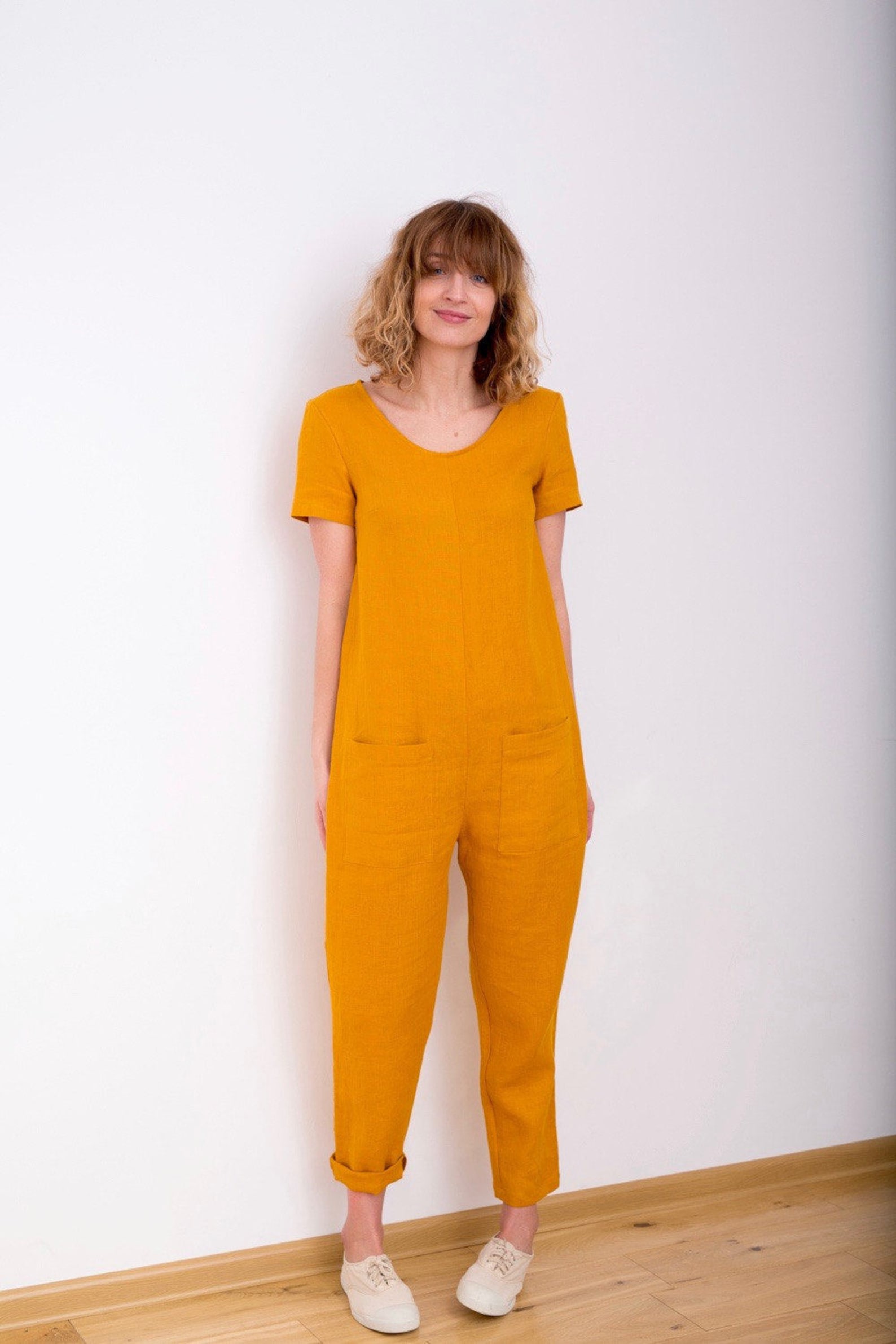 Linen Jumpsuit Mustard Jumpsuit Short Sleeve Jumpsuit Etsy