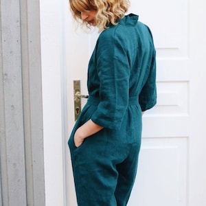 Linen Jumpsuit In Turquoise / Women Overall / OFFON CLOTHING image 4