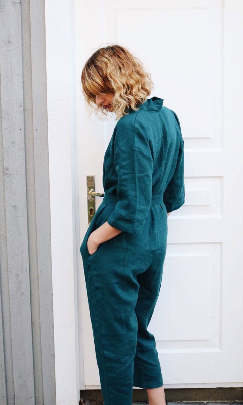 Linen Jumpsuit In Turquoise / Women Overall / OFFON CLOTHING image 4