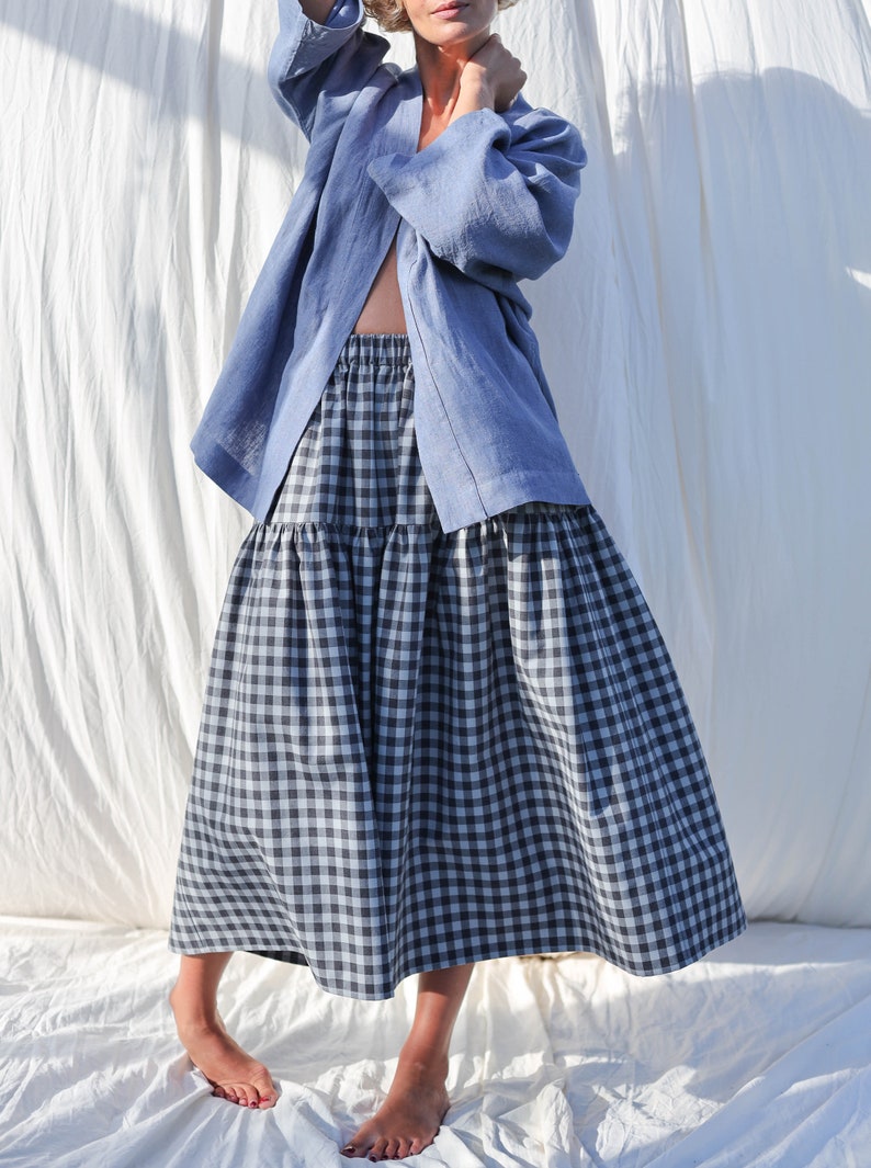 Checkered organic cotton tiered skirt with elasticated waist OFFON CLOTHING image 10