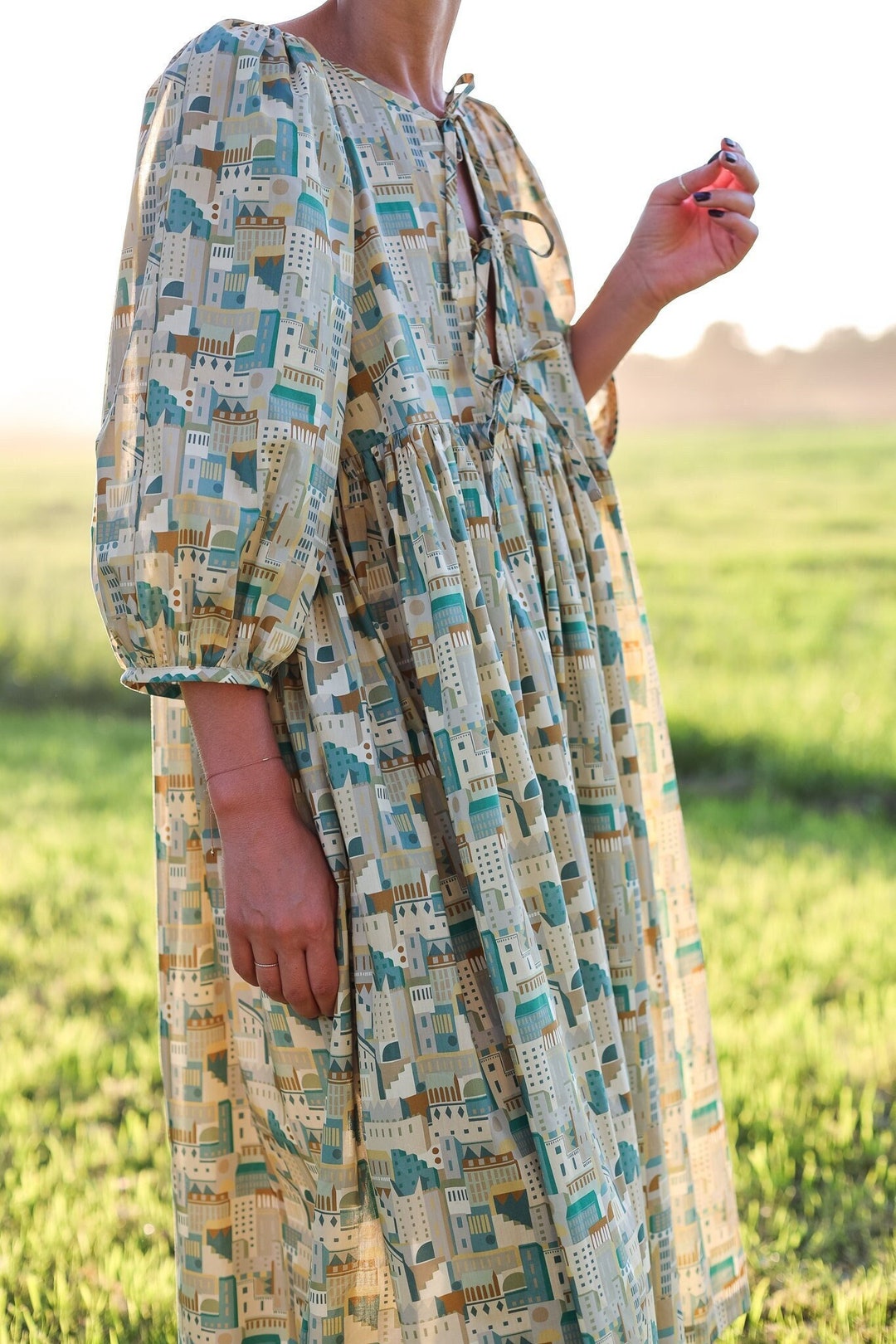 Reversible Puff Sleeve Dress FELDA in Architectural Print Silky Cotton Fabric OFFON Clothing Etsy