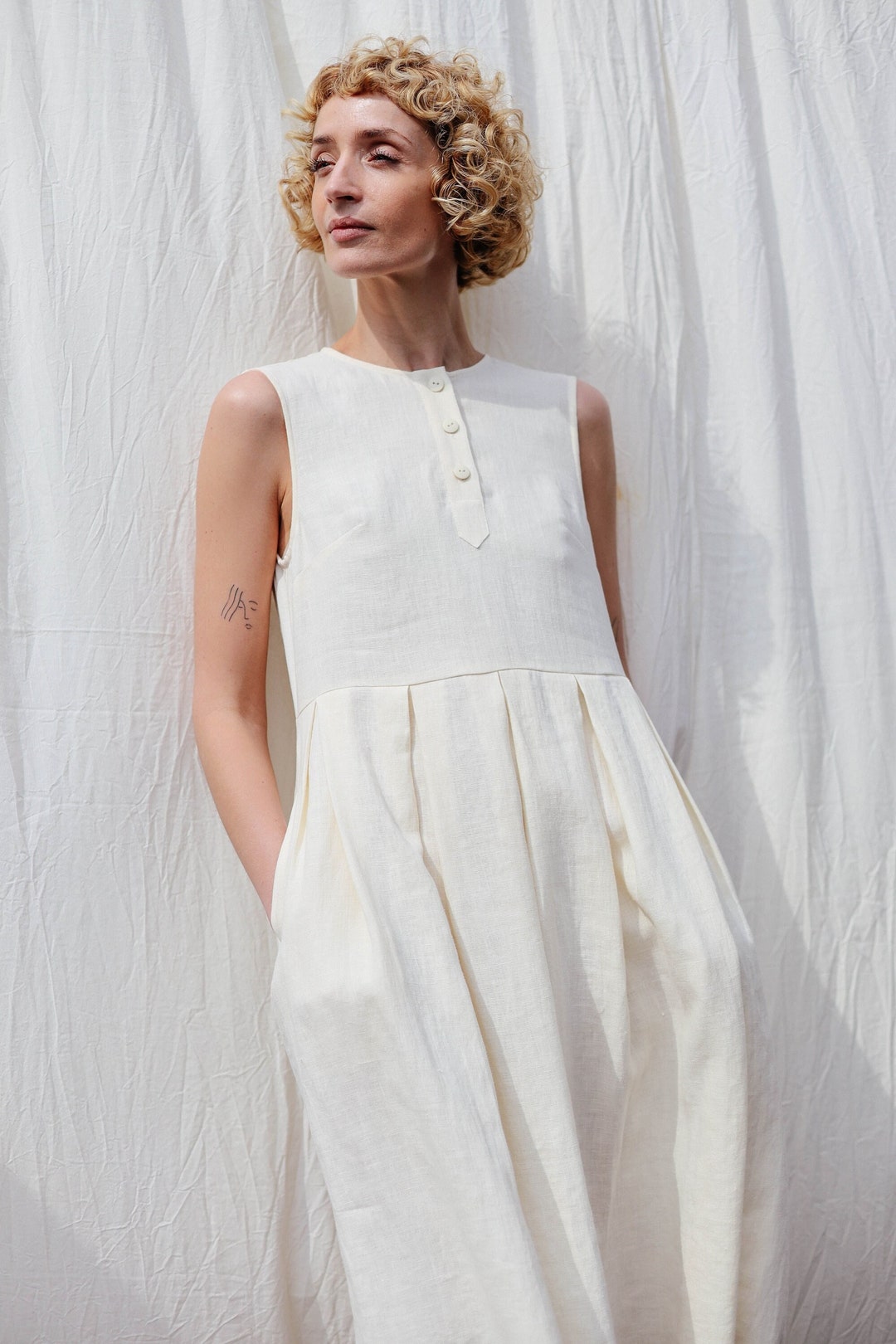 Sleeveless Hand Pleated Skirt Linen Dress JUNE Handmade by - Etsy