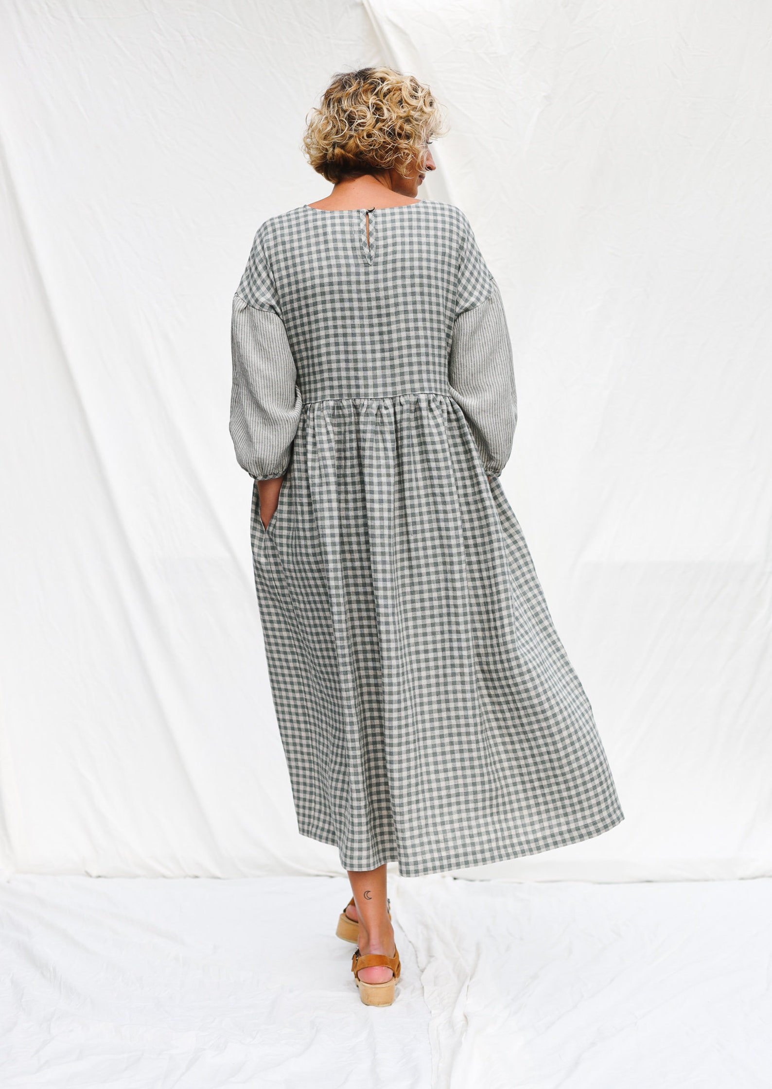 Gingham Linen Dress With Contrasting Striped Puffy Sleeves - Etsy