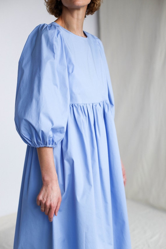 Balloon Sleeve Dress / Empire Waist Sky Blue Cotton Dress / OFFON CLOTHING  -  Canada