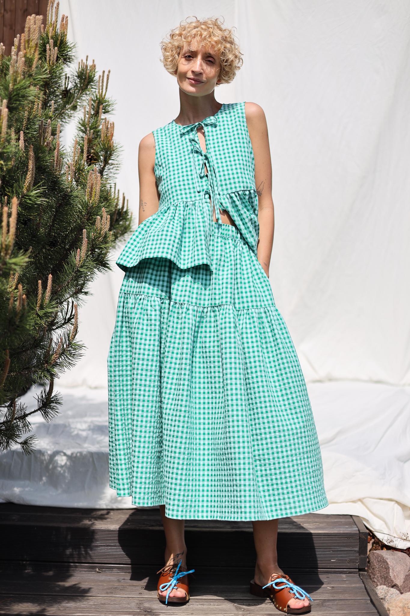 Jungle Green Seersucker Checks Elasticated Waist Skirt