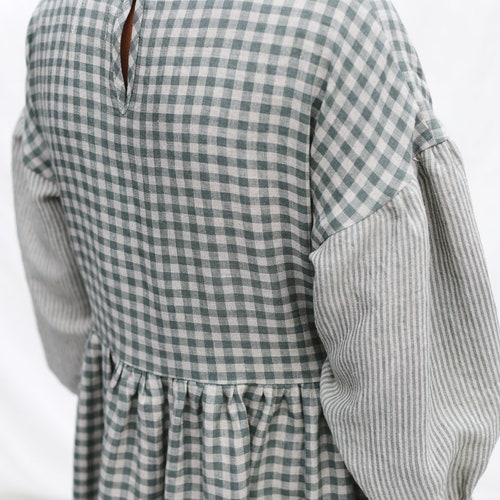 Gingham shops linen dress with contrasting striped puffy sleeves PERLA • OFFON CLOTHING
