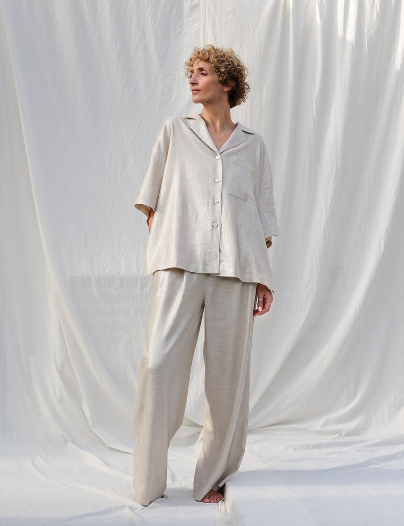 Silver metallic linen and viscose wide leg palazzo pants OFFON Clothing zdjęcie 3