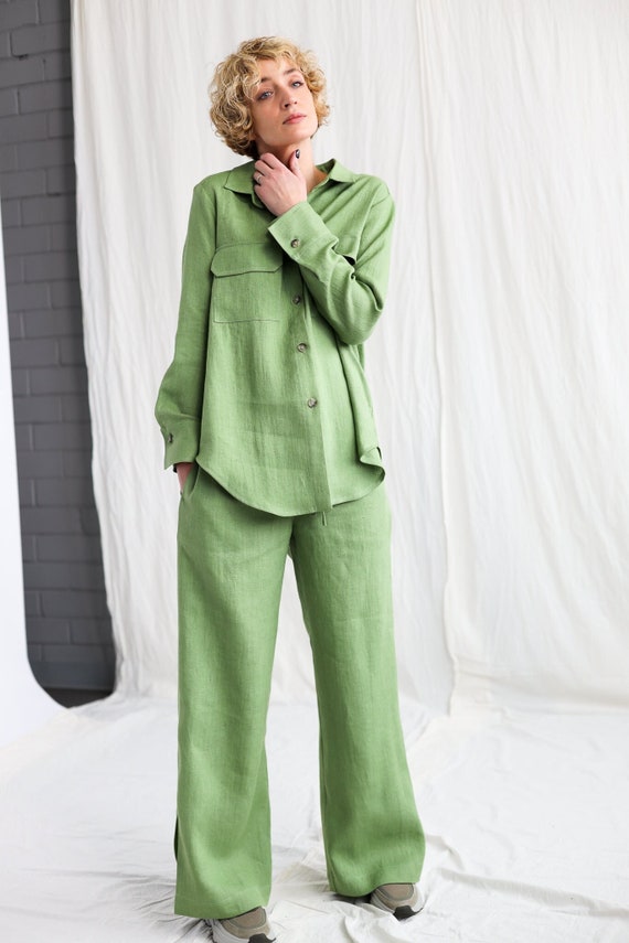 Women crinkle linen shirt and pants set wholesale Mocha color | Wholesale  Clothing