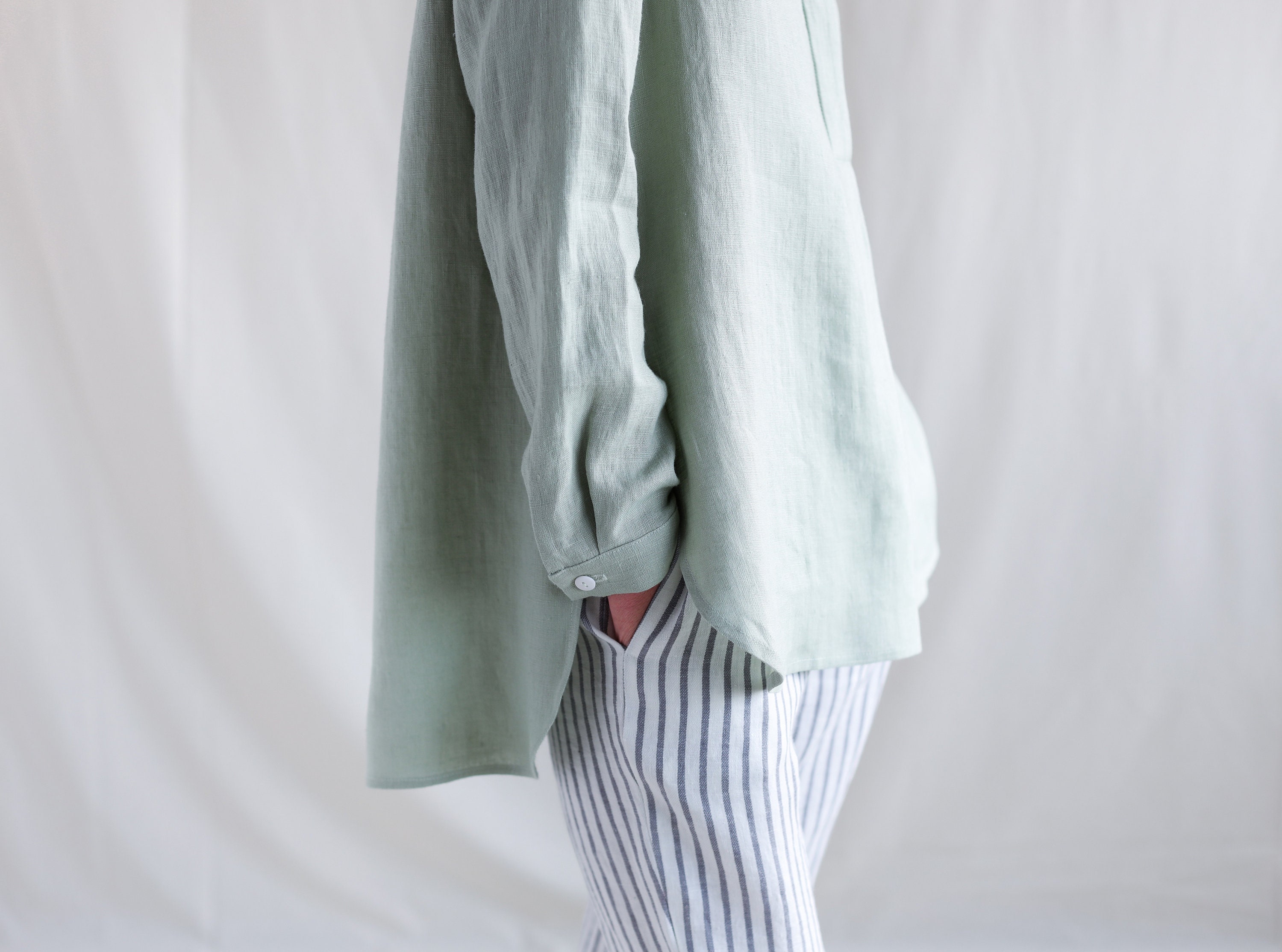 【I AM MARI】[2Piece] Duere Linen Wrap Collar Shirt Long SK Linen mandarin collar shirt, white | Weekend Max Mara