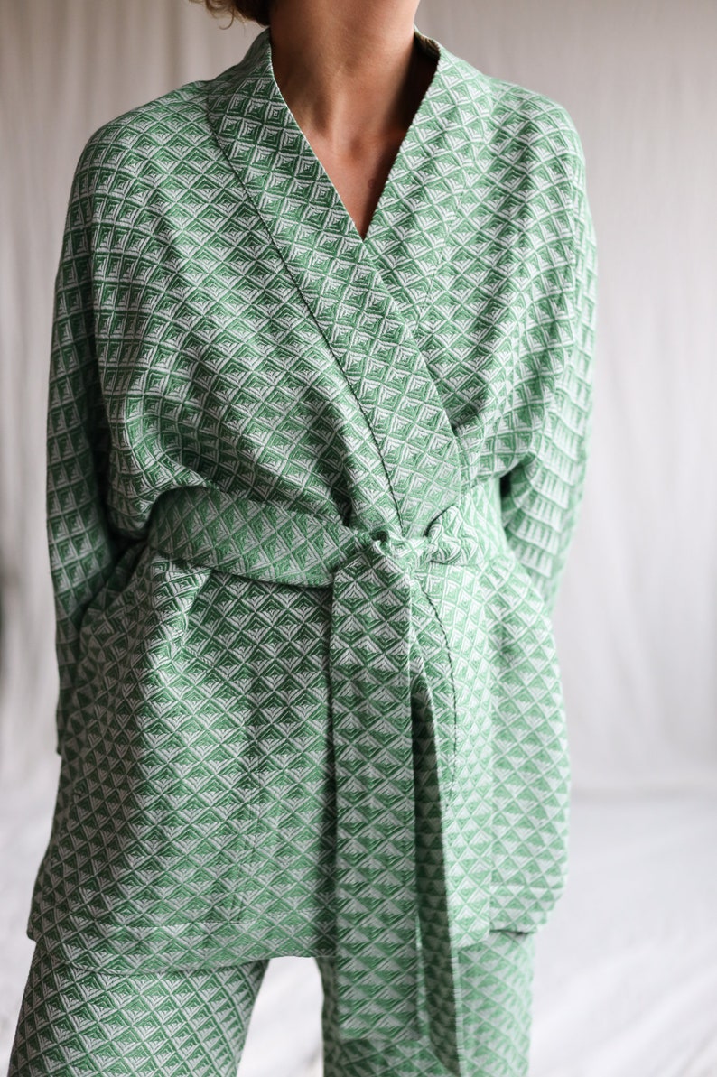 Jacquard linen geometric pattern kimono style jacket / OFFON CLOTHING image 4