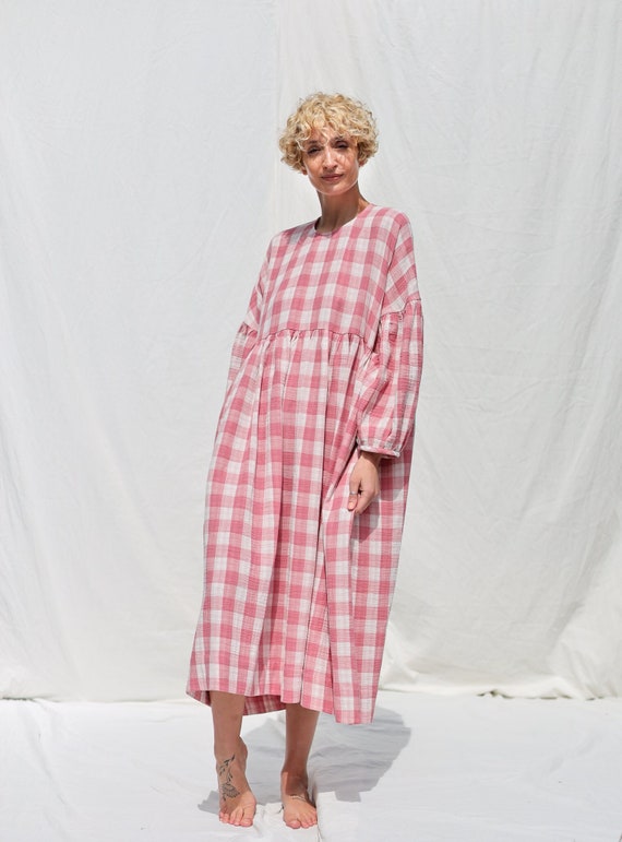 oversized pink dress Oversized pink double gauze checks dress GRETA * OFFON CLOTHING