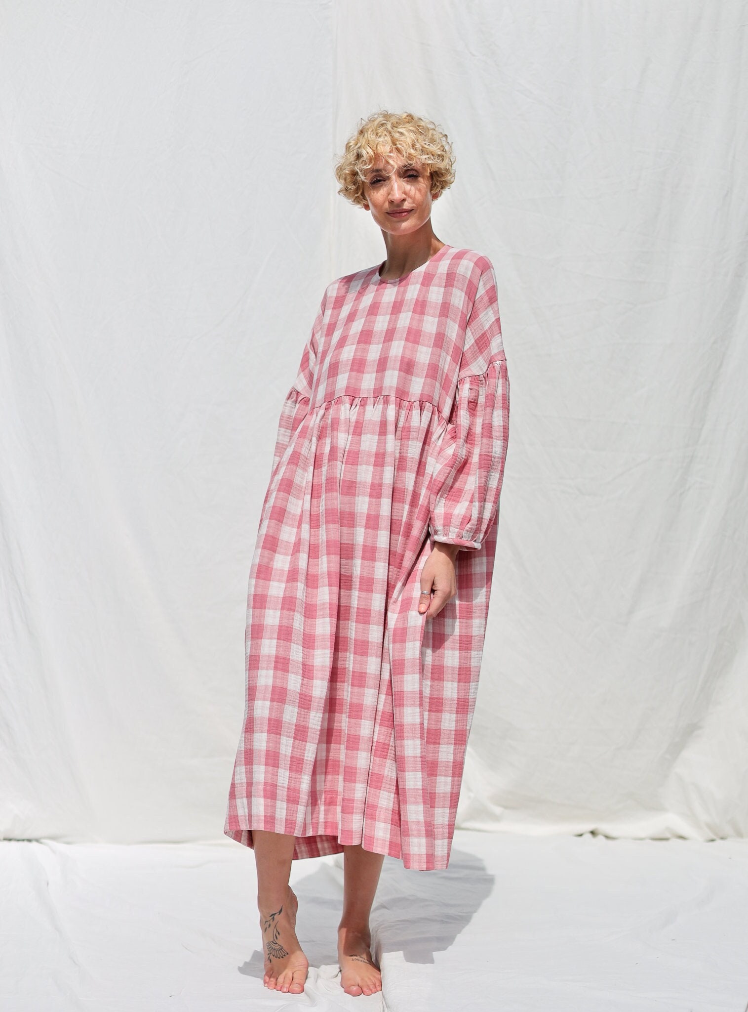 Oversized pink double gauze checks dress GRETA • OFFON CLOTHING