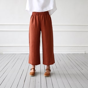 Wide leg linen culottes in redwood/OFFON CLOTHING