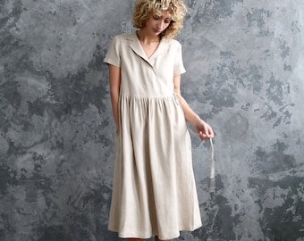 Linen wrap dress in beige/Belted linen short sleeve dress/OFFON CLOTHING