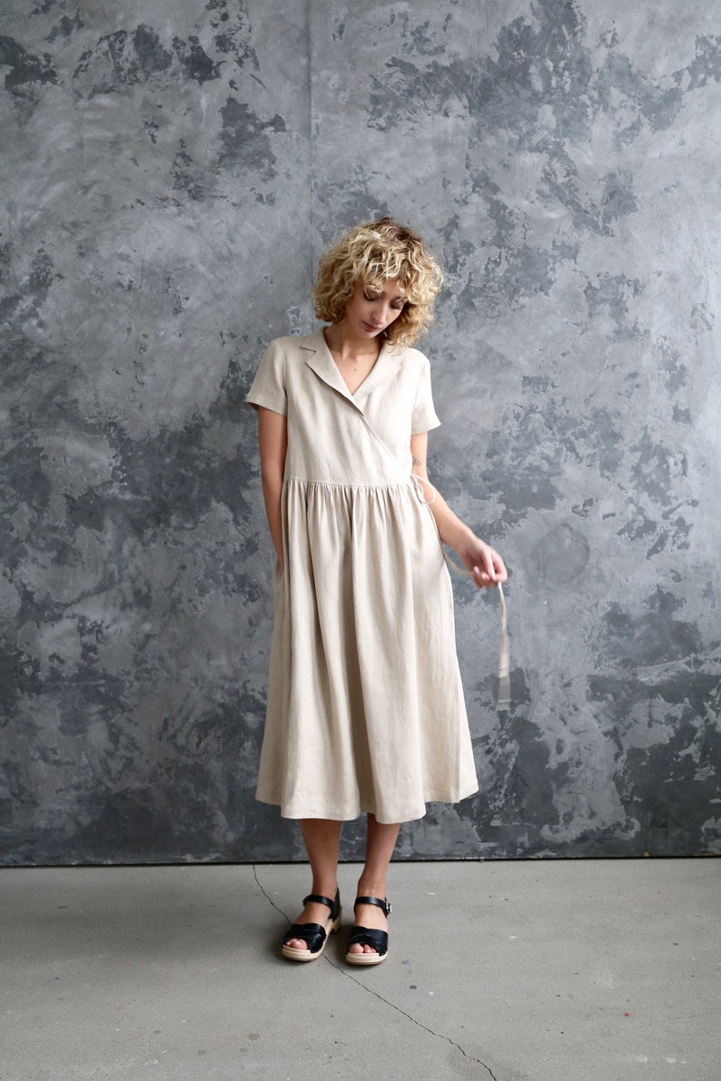 Linen wrap dress in beige/Belted linen short sleeve dress/OFFON CLOTHING