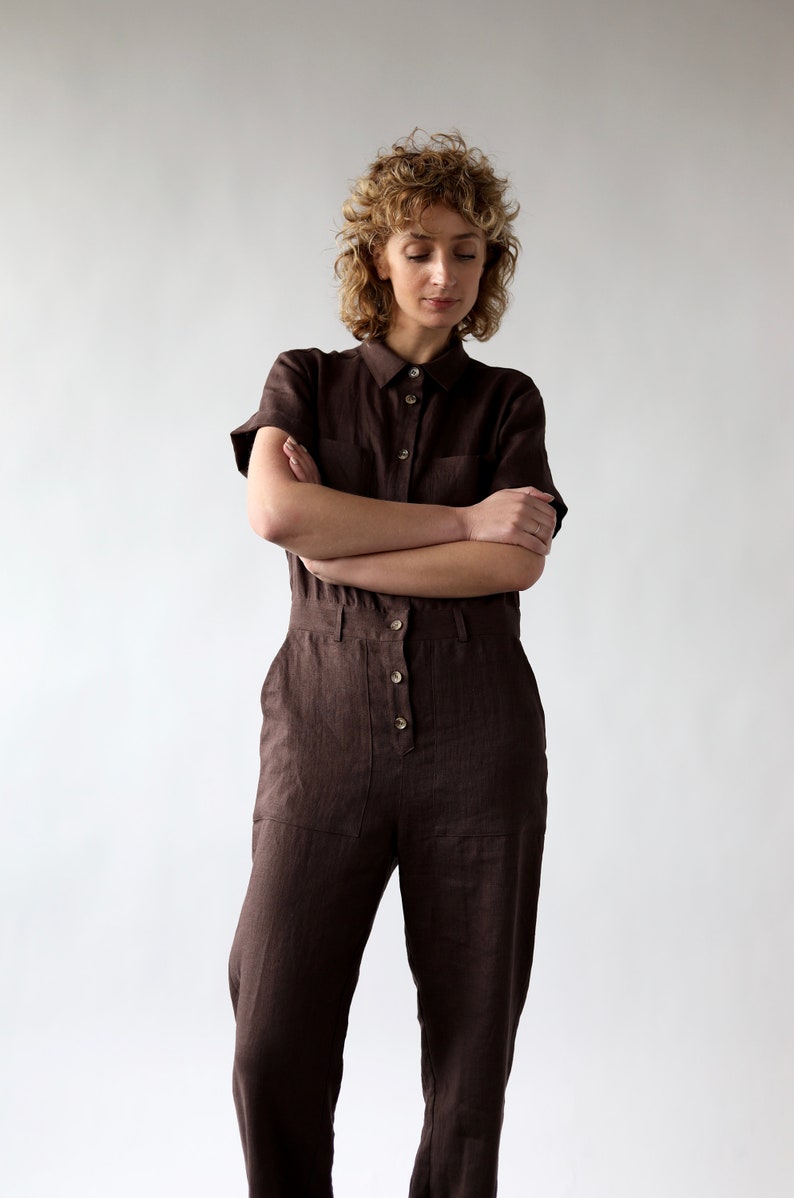 Linen short sleeve coverall jumpsuit / OFFON CLOTHING zdjęcie 6