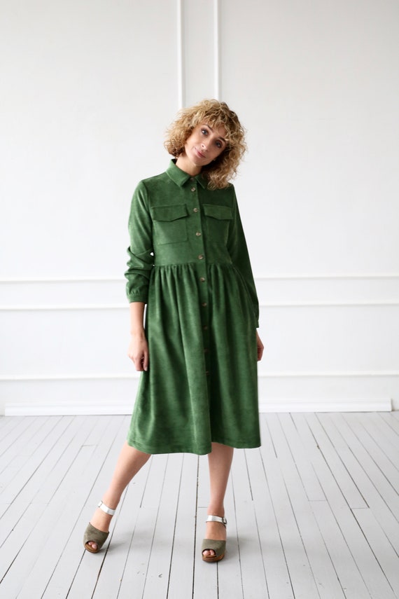 Corduroy Dress/cotton Dress/needlecord Shirt Dress in Forest Green