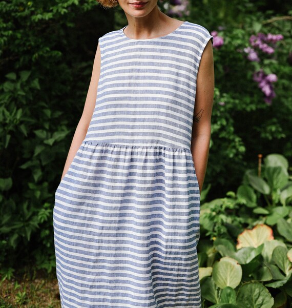 Striped Sleeveless Linen Dress Loose 