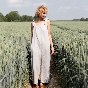 Tie-strap linen jumpsuit / Sleeveless linen romper / OFFON CLOTHING image 5