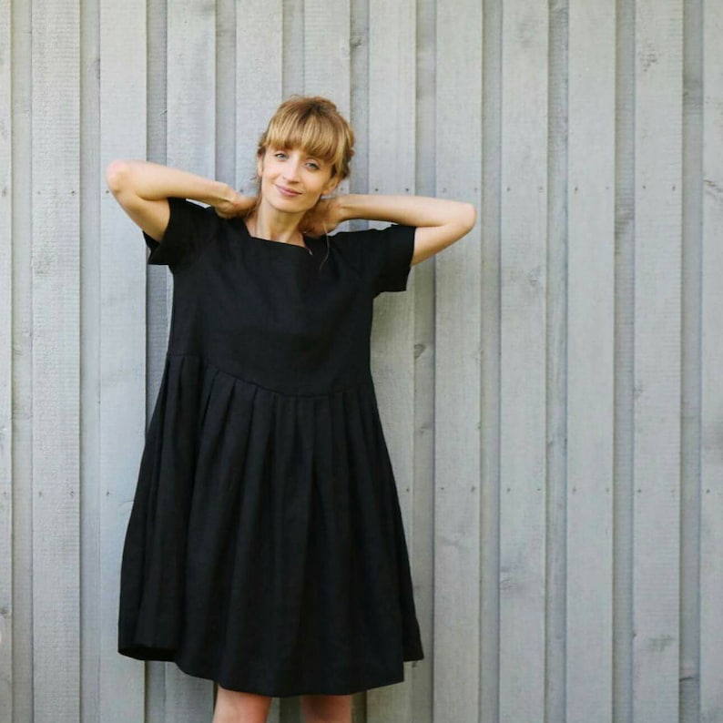 Black linen square neck oversized dress Handmade by OFFON image 4