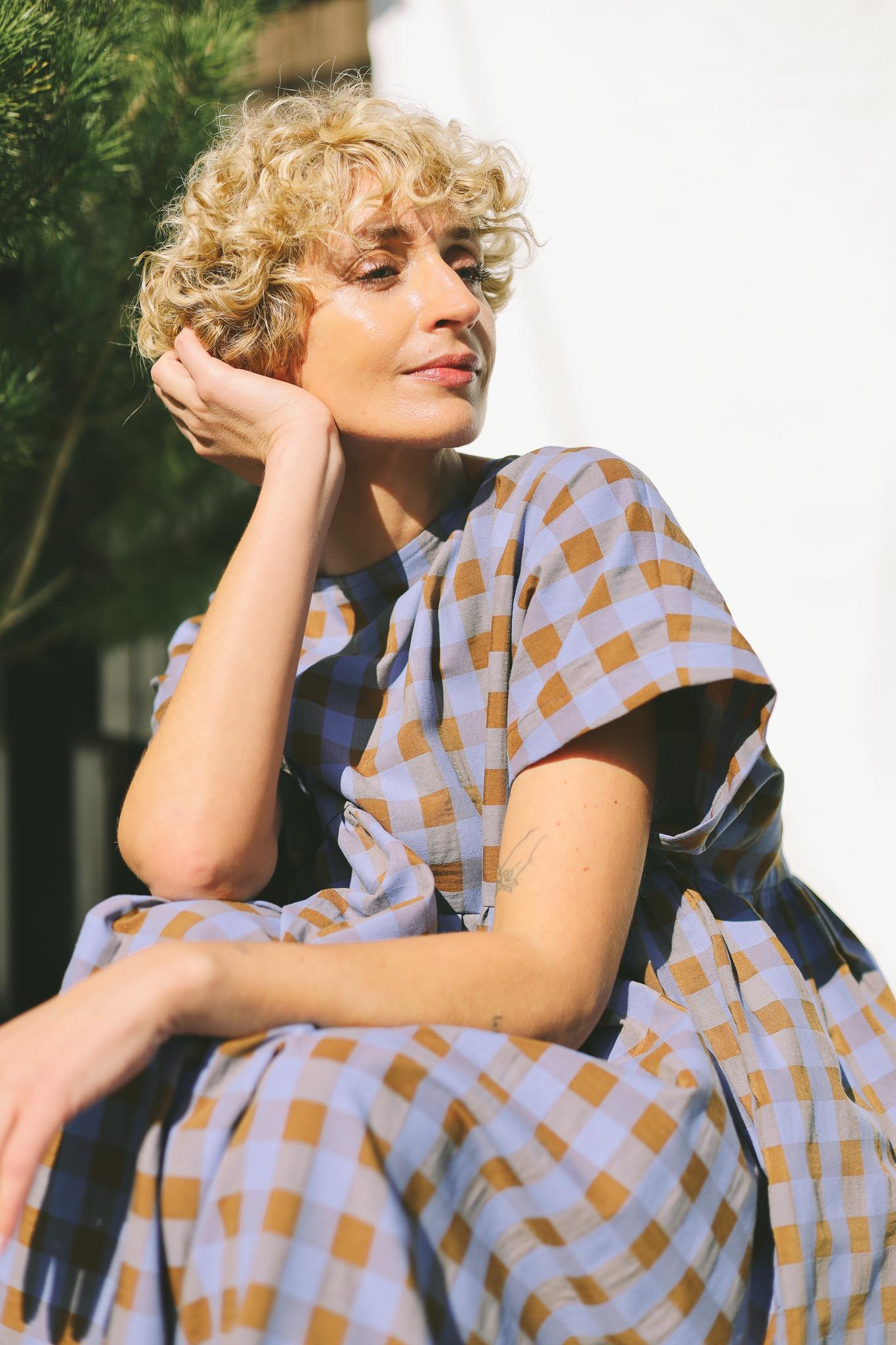 Drawer別注 Scye CHECKED DRESS Woven Square Neck Check Pleated Zipper Maxi Dress Curve