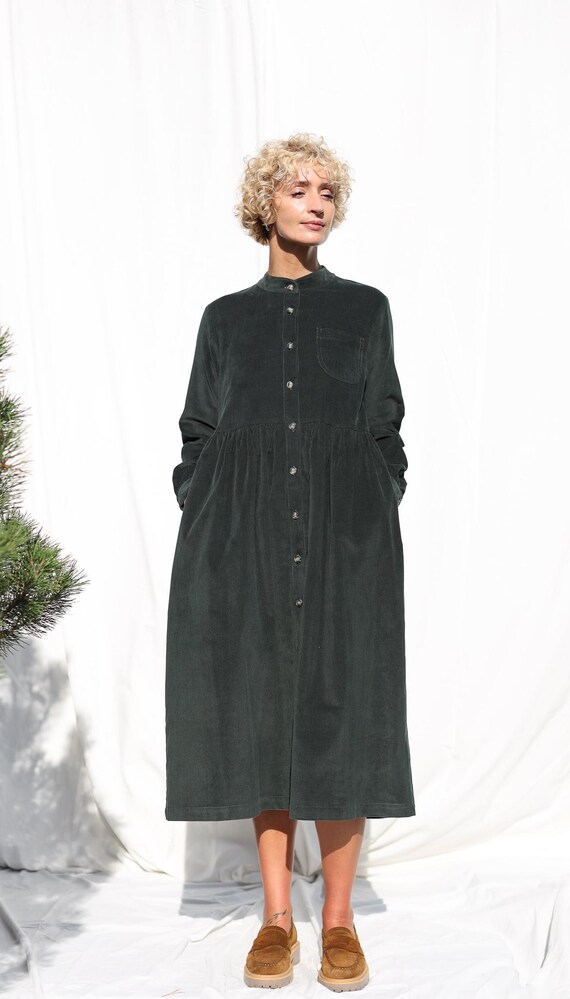 grandad collar shirt dress Needlecord Long Sleeve Grandad Collar Shirtdress CORA in Dark Sage Color •  OFFON CLOTHING