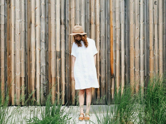 White Linen Maternity Dress: Handmade Oversize Shirt Dress White Linen Maternity Dress: Handmade Oversize Shirt Dress