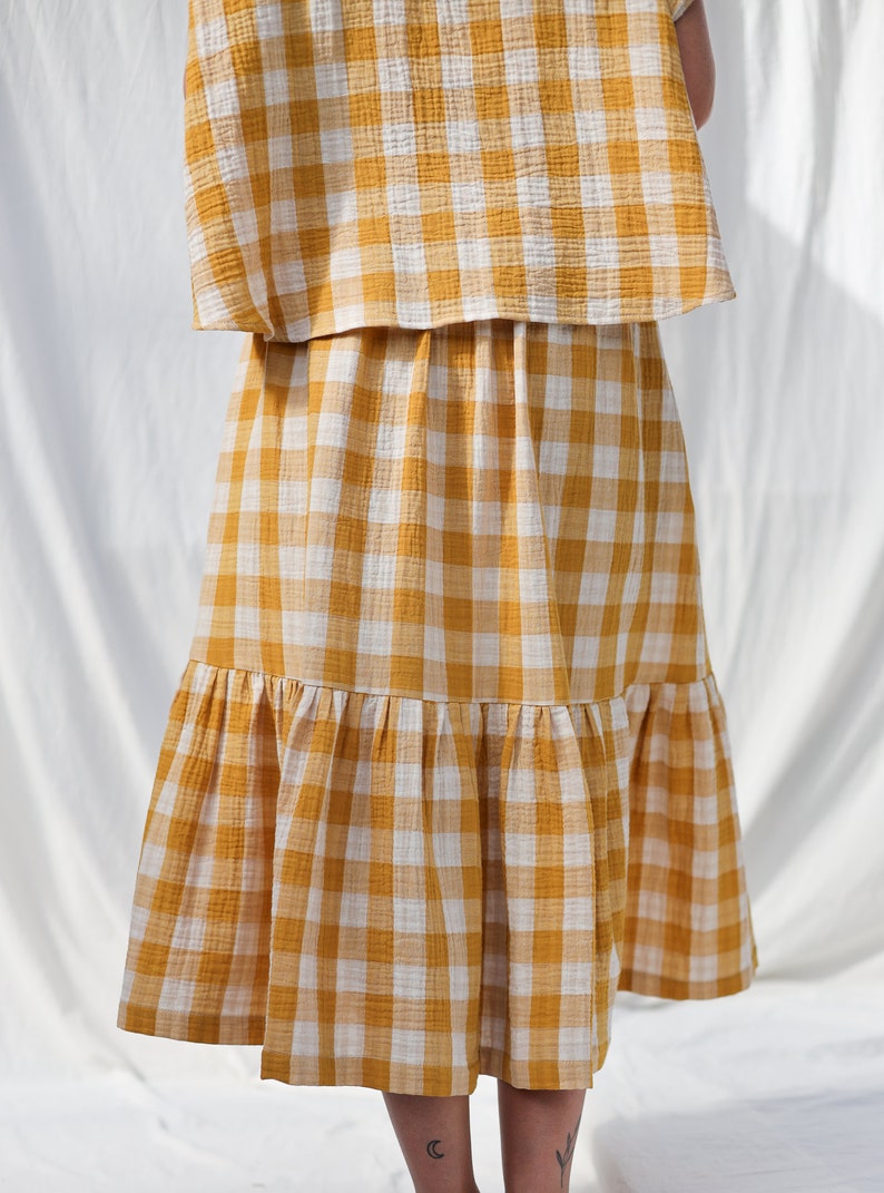 Double gauze mustard checks skirt with elastic waistband OFFON CLOTHING image 4