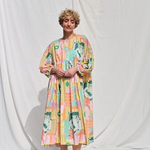 Oversized voluminous sleeves abstract print silky cotton dress GRETA OFFON CLOTHING zdjęcie 2