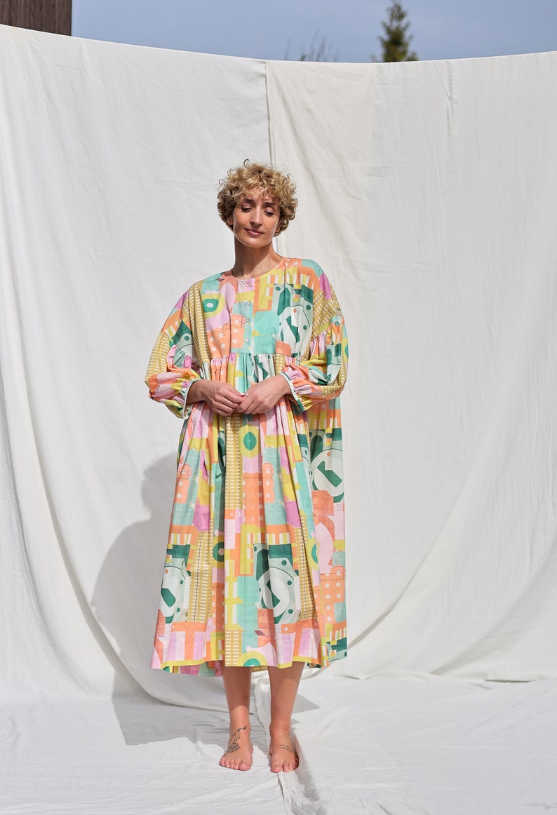 Oversized voluminous sleeves abstract print silky cotton dress GRETA OFFON CLOTHING zdjęcie 2