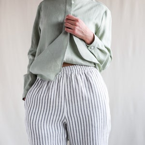 Linen cropped leg trousers in stripes. Handmade by OFFON Clothing image 2