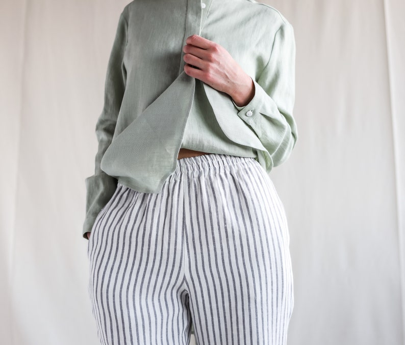 Linen cropped leg trousers in stripes. Handmade by OFFON Clothing image 2