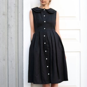 Linen Sleeveless Dress Black Linen Dress Double Collar Dress Full Pleated Skirt Dress Handmade by OffOn image 4