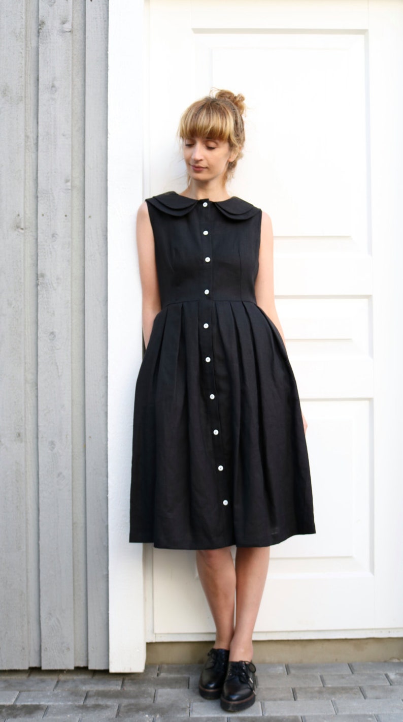 Linen Sleeveless Dress Black Linen Dress Double Collar Dress Full Pleated Skirt Dress Handmade by OffOn image 4