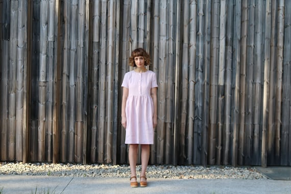Pink Linen Dress / Linen Short Sleeve Dress / Breastfeeding Dress / Handmade by Offon