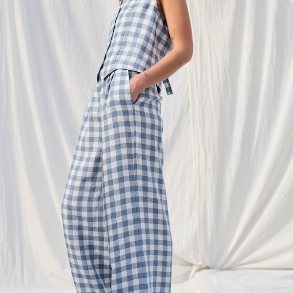 Checkered linen wide leg palazzo pants • OFFON Clothing