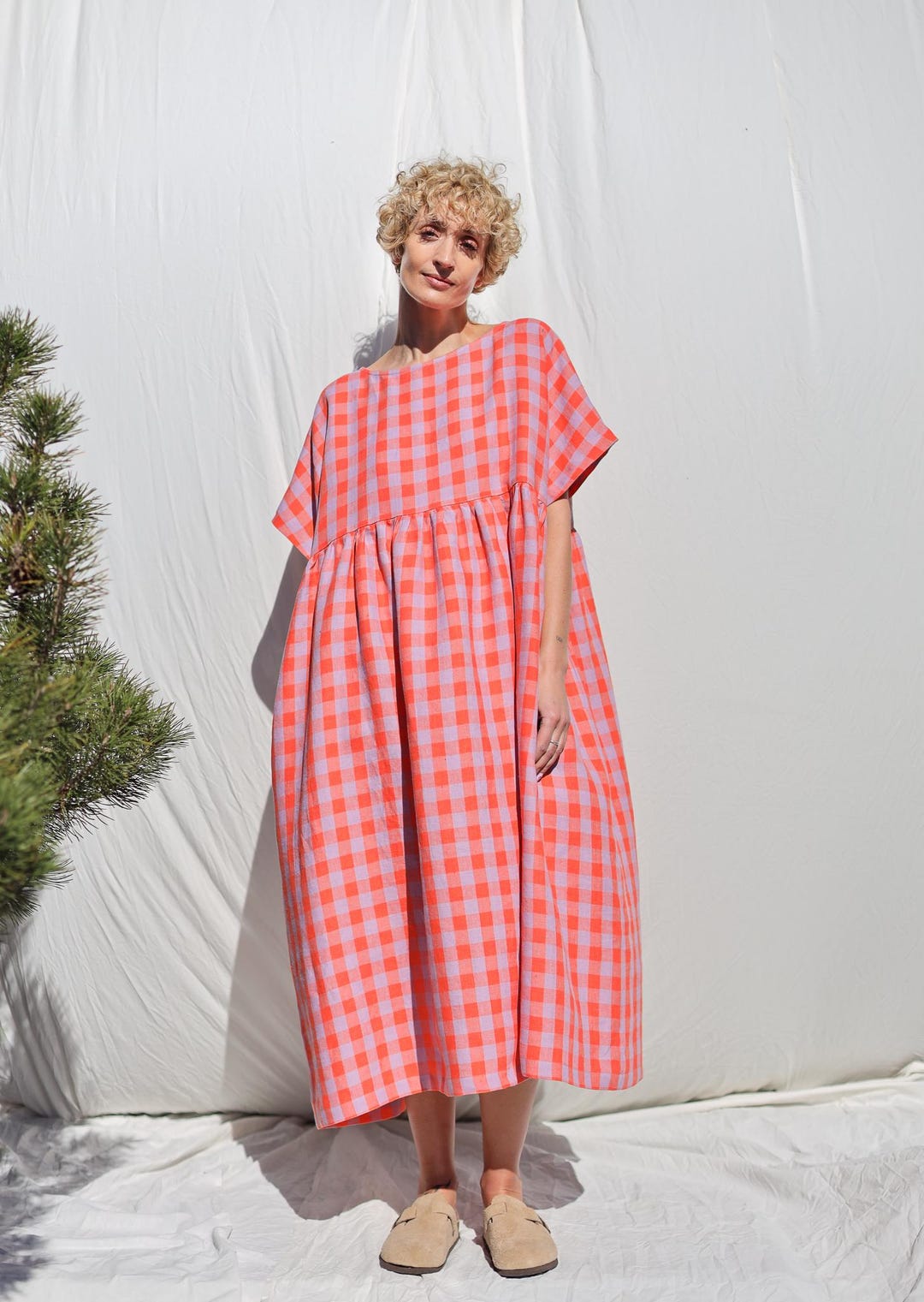 Linen Oversize Dress With Pockets in Exclusive Checks SILVINA 