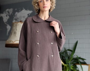 Zware linnen oversized jas in donkerbruine kleur • OFFON CLOTHING